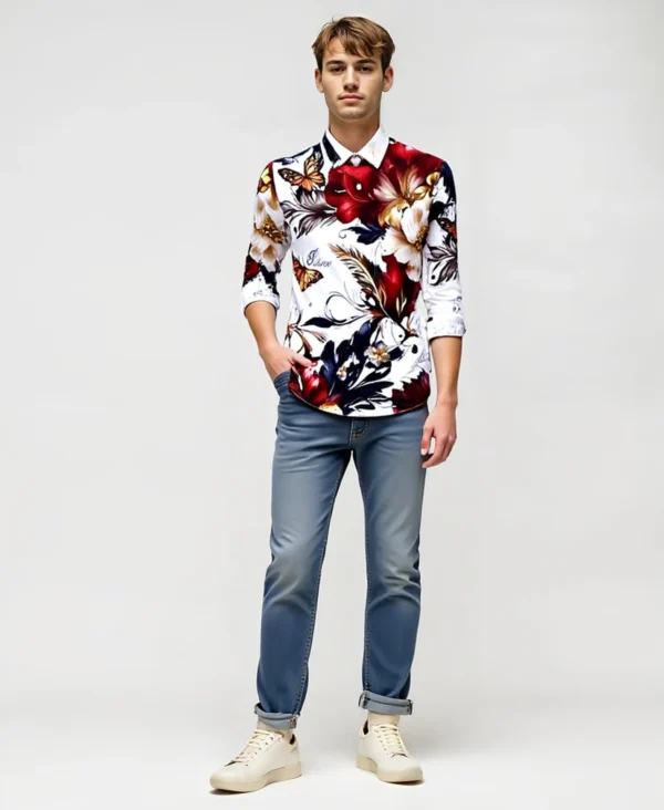 IMPORTED STYLISH WHITE SHIRT FEATURING A VIBRANT FLORAL DESIGN